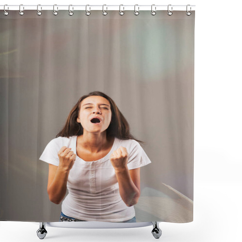 Personality  'Yes! Hooray!' Long-haired Woman In A White Shirt Displays Exultation And Satisfaction For Success And Victory. Colored Lights, Glows Amplify The Positivity Shower Curtains