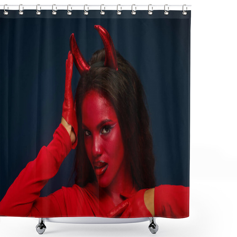 Personality  Dressed In Vibrant Red, A Captivating Woman Playfully Poses, Embodying Halloween Spirit. Shower Curtains