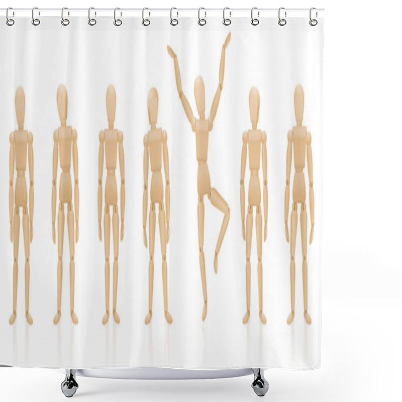 Personality  Be Different. Unique, Motivated, Singular, Happy Character Jumping Out Of An Ordinary Group Of Motionless, Dull And Listless Figures. Isolated Vector Illustration On White Background. Shower Curtains