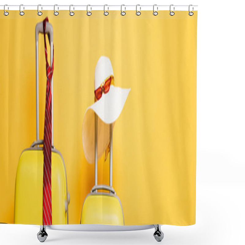 Personality  Travel Bags With Male And Female Accessories Isolated On Yellow, Panoramic Shot Shower Curtains