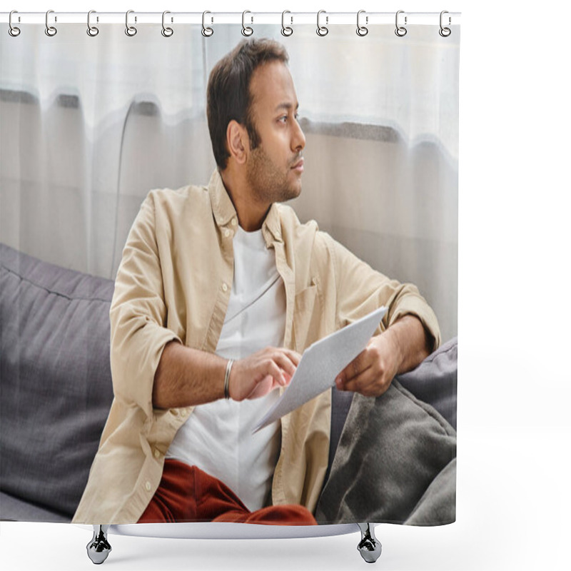 Personality  Good Looking Indian Man With Blindness In Cozy Clothing Sitting On Sofa And Reading Braille Code Shower Curtains