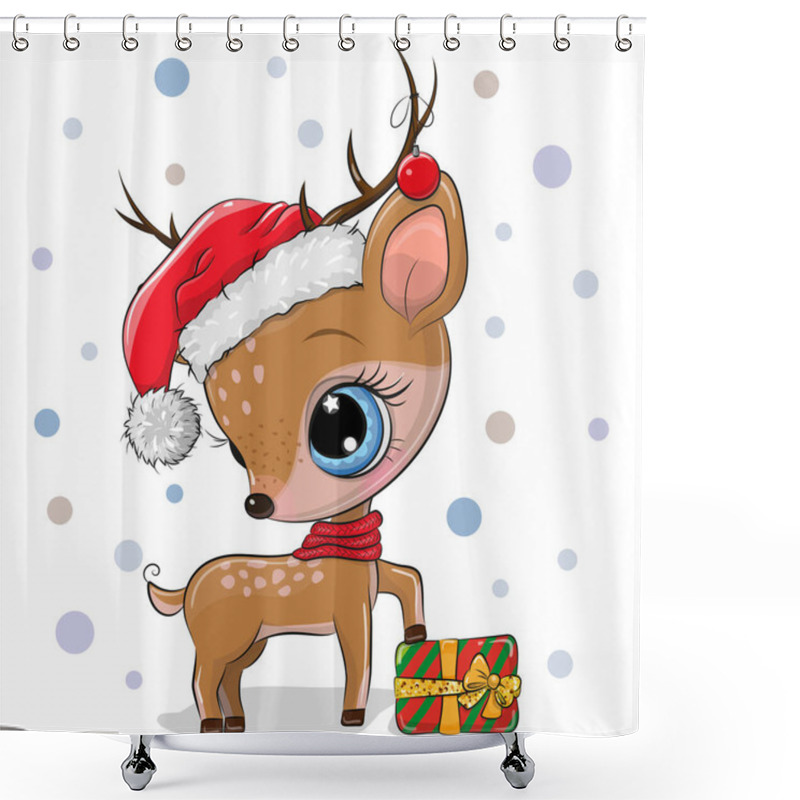 Personality  Vector Illustration Cute Cartoon Deer With Gift In A Santa Hat Shower Curtains