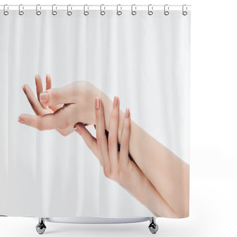 Personality  Cropped Shot Of Woman With Stylish Nails Applying Moisturizing Cream On Hands Isolated On White Shower Curtains