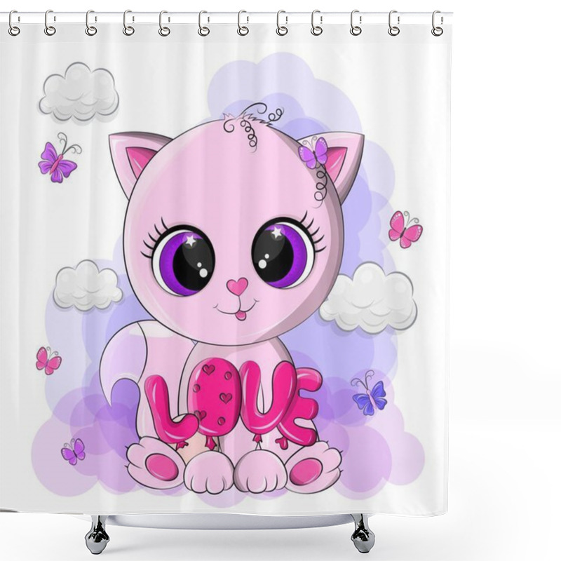 Personality  Cute Pink Cat, With Big Loving Eyes. The Clip Art Cat Has The Inscription Love Near Its Paws. The Pet Smiles And Shows That He Is In Love. The Cat Is Made In A Kawaii Style. Shower Curtains