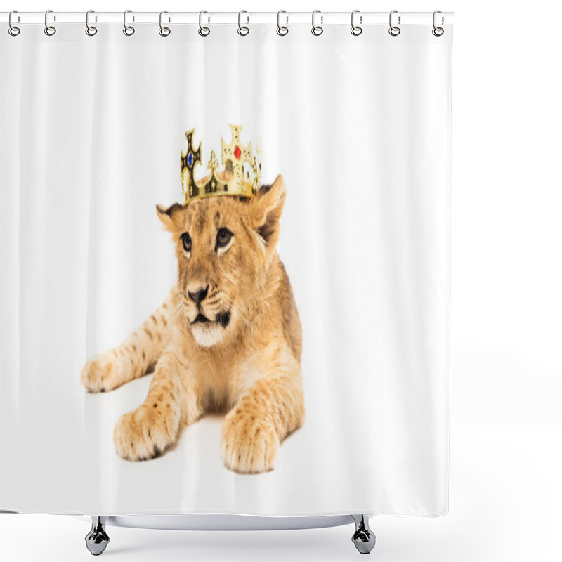 Personality  Cute Lion Cub In Golden Crown Isolated On White Shower Curtains