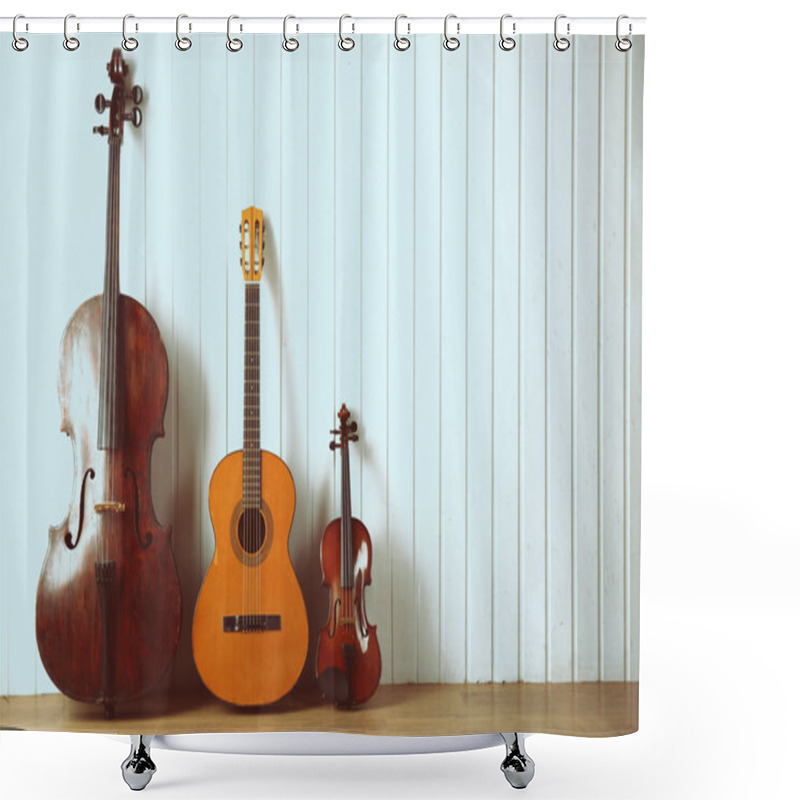 Personality  Musical Instruments On Wooden Planks Background Shower Curtains