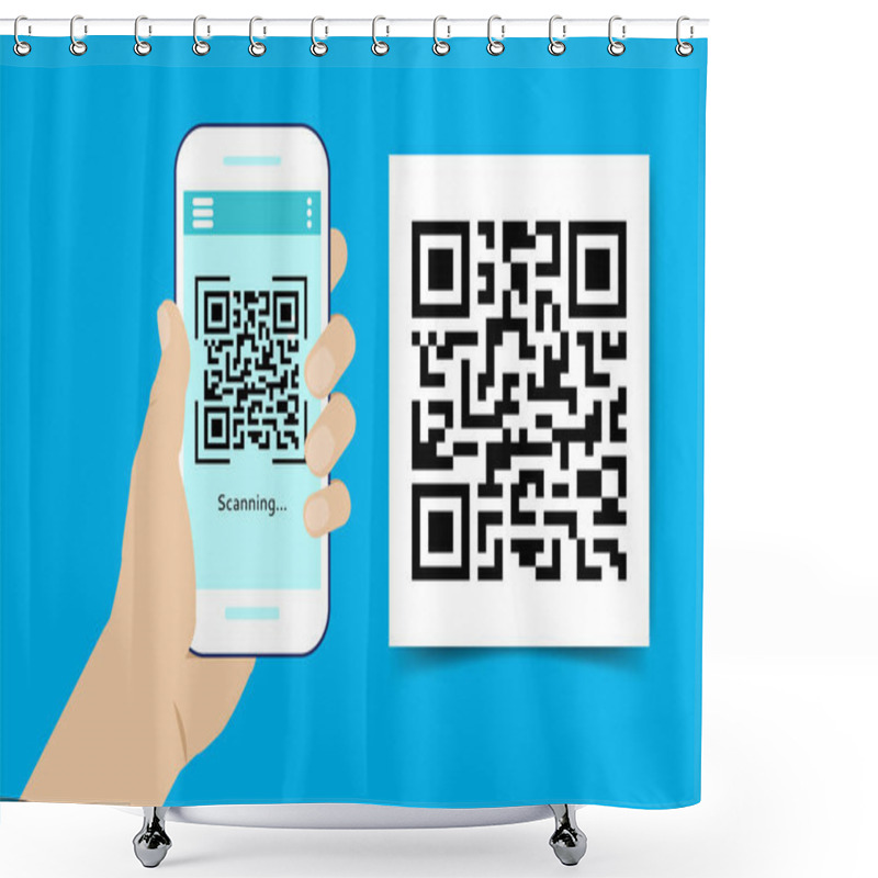 Personality  Hand With A Phone Scanning A QR Code On The Screen. Cashless Technology Concept. Online Payment, Money Transfer. Vector Illustration. Flat Style Shower Curtains