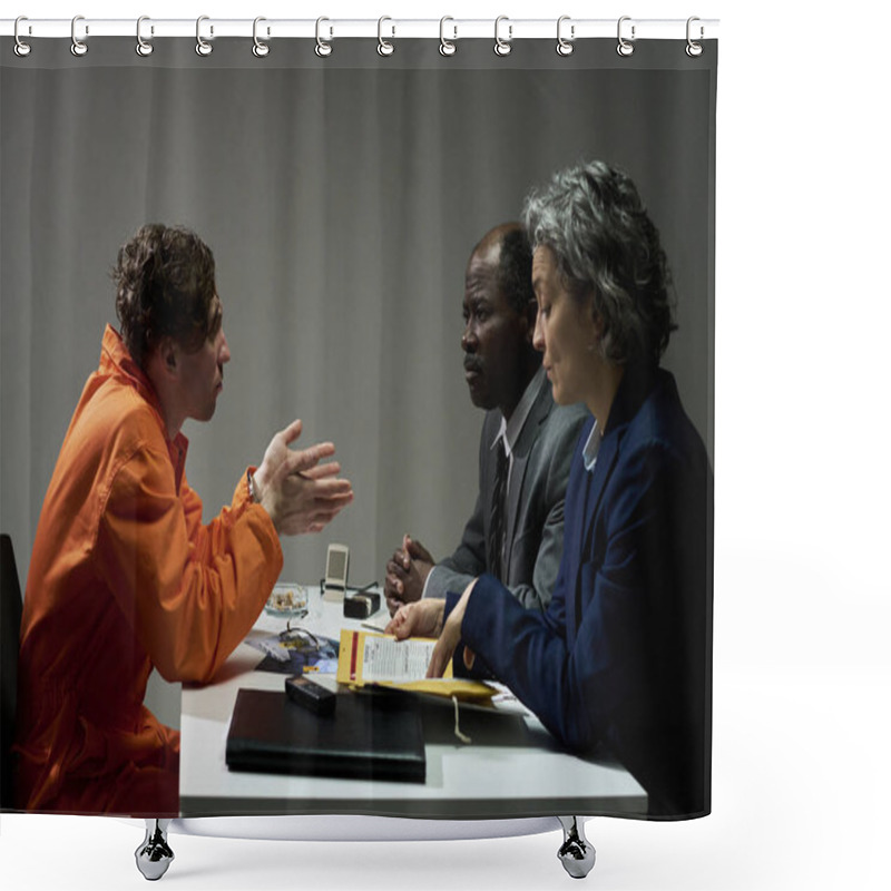 Personality  Inmate In Orange Uniform Consulting With Two Legal Advisors At Meeting Table, Discussing Important Documents And Strategies For Upcoming Court Case Shower Curtains