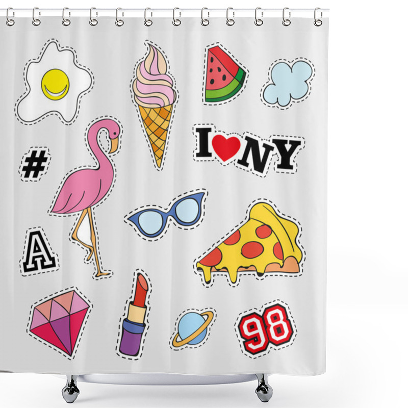 Personality  Fashion Patch Badges With Different Elements. Set Of Stickers, Pins, Patches And Handwritten Notes Collection In Cartoon 80s-90s Comic Style. Trend. Vector Illustration Isolated. Shower Curtains