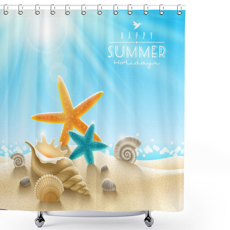 Personality  Summer Holidays Illustration - Sea Inhabitants On A Beach Sand Against A Sunny Seascape Shower Curtains