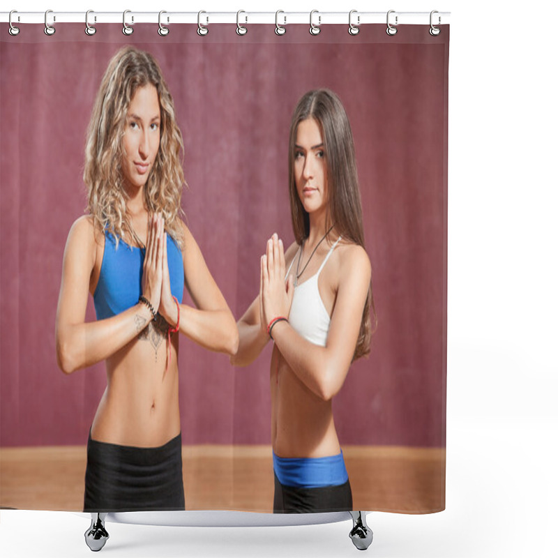 Personality  Two Young Girls Doing Yoga Indoors Shower Curtains