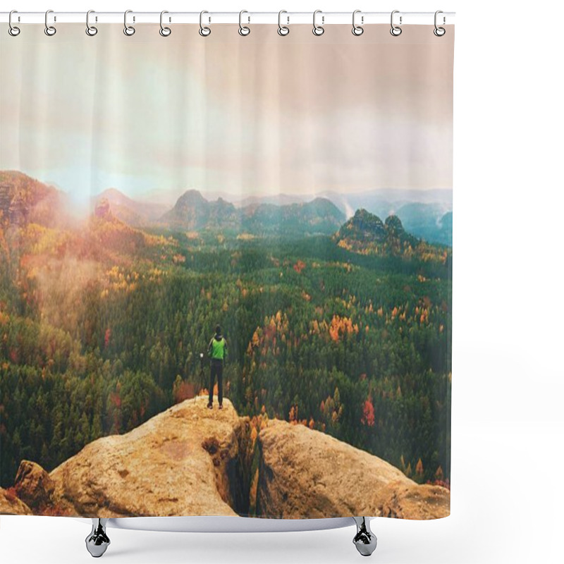 Personality  Photographer Working With Mirror Camera And Tripod On Peak Of Rock. Dreamy Fogy Landscape Shower Curtains