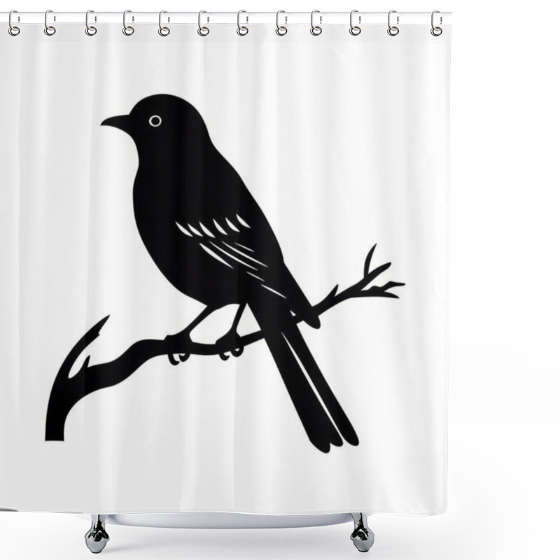 Personality  A Sleek Black Silhouette Of A Bird Perched On A Branch, Showcasing Its Elegant Profile Against A White Background. Shower Curtains