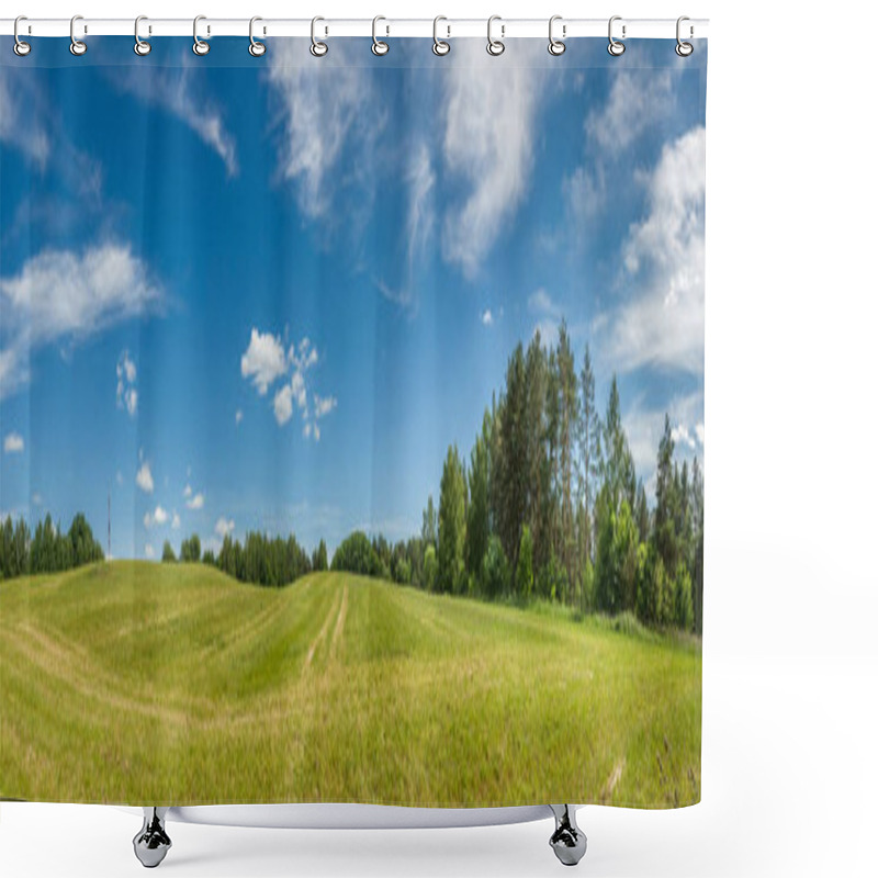 Personality  Summer Agricultural Landscape. Beautiful Panoramic View Of A Hilly Field Under A Blue Cloudy Sky Shower Curtains