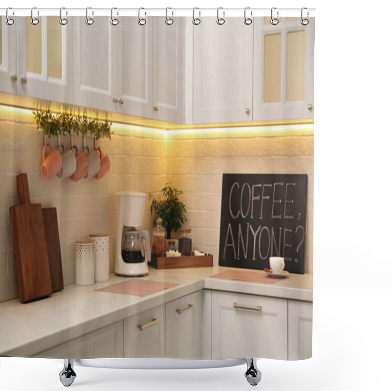 Personality  Stylish Kitchen Interior With Modern Coffeemaker On Countertop Shower Curtains