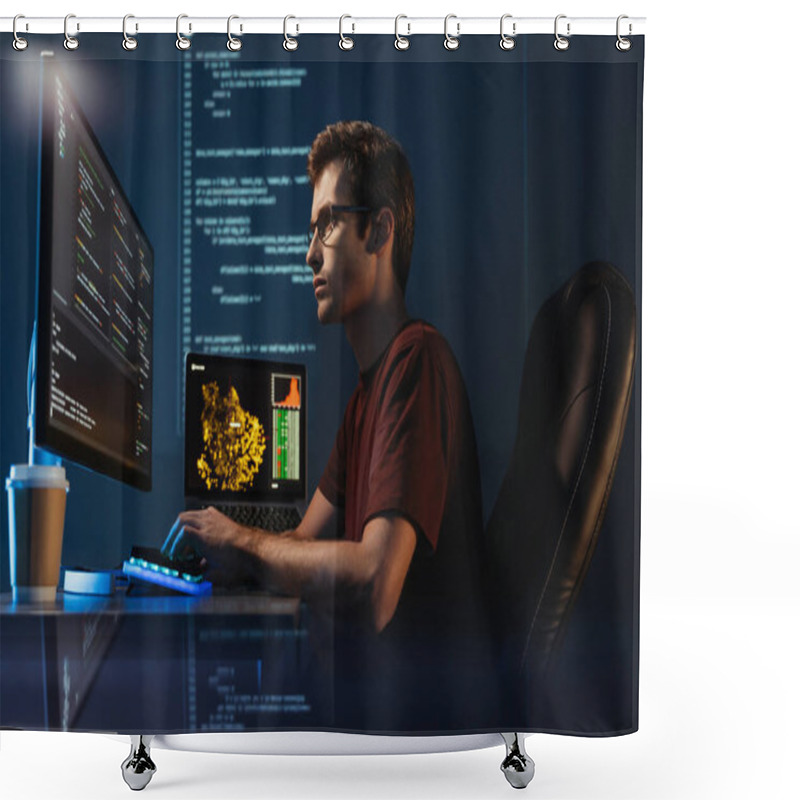 Personality  Freelancer Program Developer Working On New App Software, Checking Coding In Bugging System, Sitting In Comfortable Chair, Typing In Front Of Pc, Isolated On Digital Wall With Code Shower Curtains