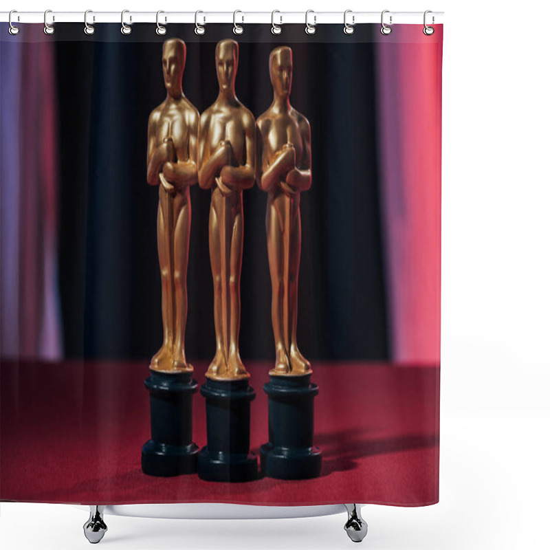 Personality  KYIV, UKRAINE - JANUARY 10, 2019: Selective Focus Of Golden Oscar Awards On Black Background Shower Curtains