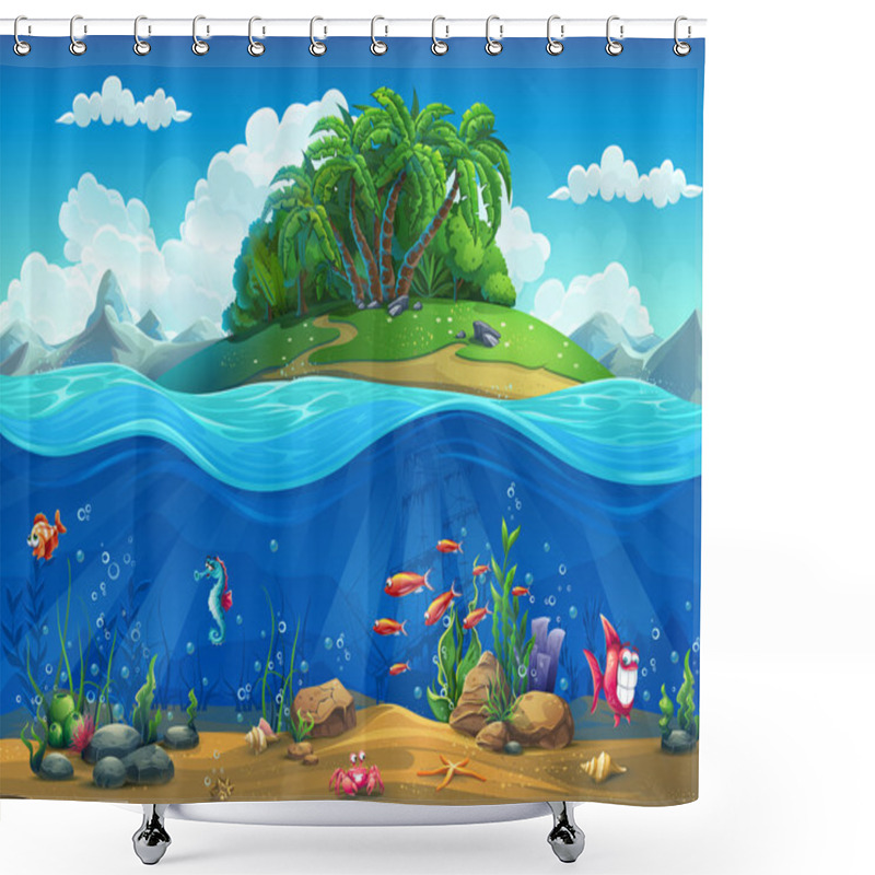 Personality  Cartoon Underwater World With Fish, Plants, Island Shower Curtains