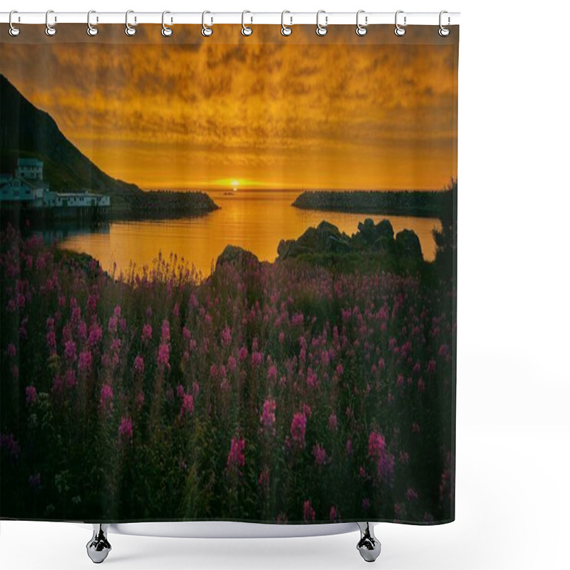 Personality  Vibrant Sunset Over A Tranquil Bay With Wildflowers In The Foreground. Shower Curtains