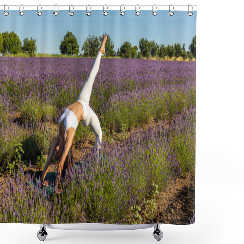 Personality  Yoga Exercises In A Blooming Lavender Field. A Woman Doing Variation Two Of Chakrasana, The Bridge Pose. Her White Outfit Emphasizes The Pose Against The Green And Violet Of The Field. Shower Curtains