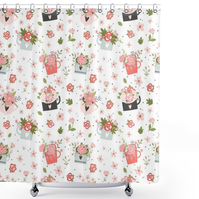 Personality  Vector Floral Pattern In Doodle Style With Pink Flowers On White Background. Gentle, Spring Floral Background With . Shower Curtains