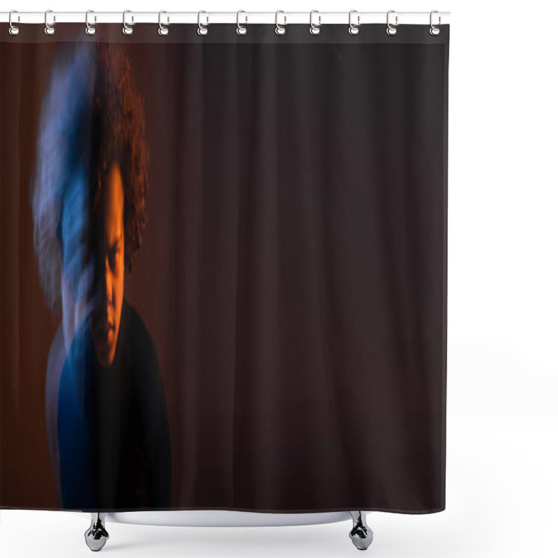 Personality  Long Exposure Of Injured African American Man With Bipolar Disorder And Bleeding Face On Black Background With Orange And Blue Light, Banner Shower Curtains