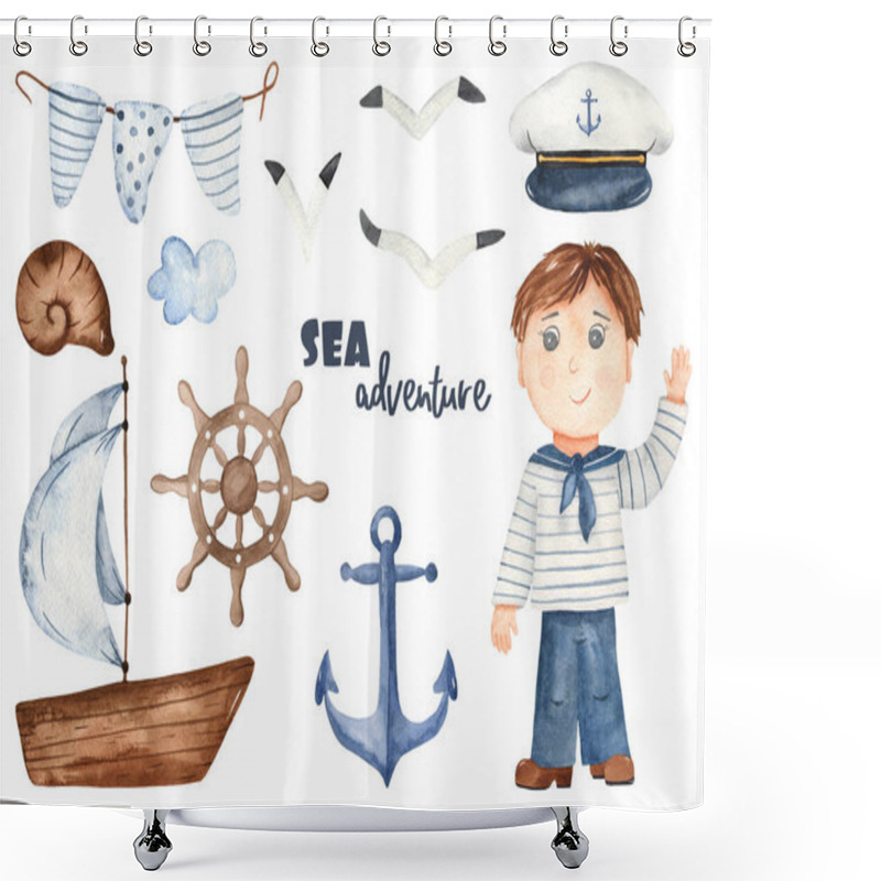 Personality  Children Sailors On The Sea Landscape, Ships On A White Background. Watercolor Seamless Pattern Shower Curtains