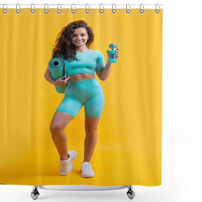 Personality  Cheerful Woman In Sportswear With Fitness Mat And Sport Bottle In Studio. Fitness Woman In Sportswear Hold Mat And Bottle Isolated On Yellow Background. Fitness And Sport. Shower Curtains