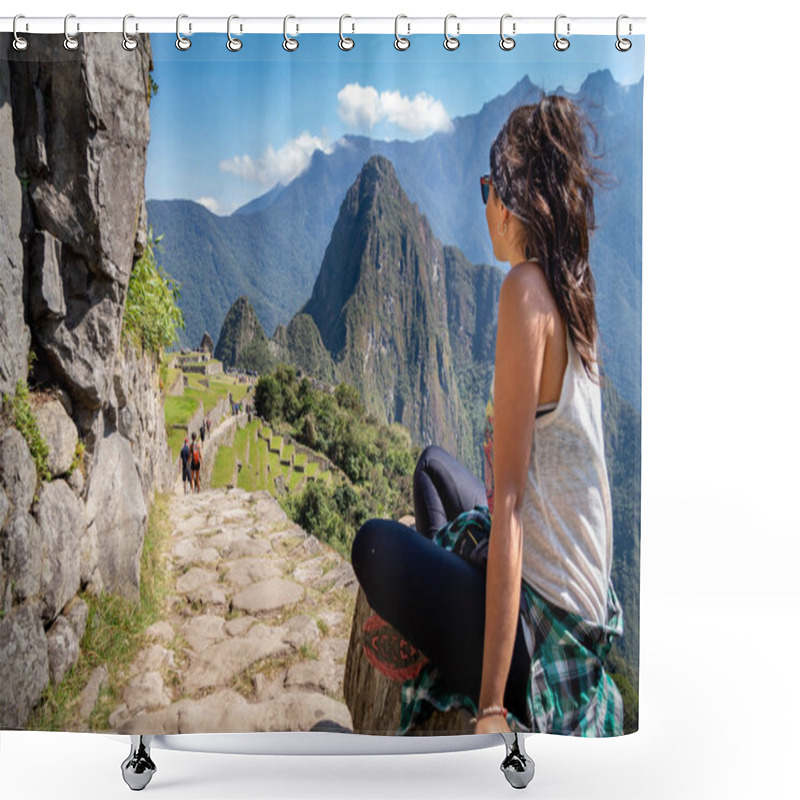 Personality  Tourist Contemplating The Beautiful Landscape Of Machu Picchu Shower Curtains