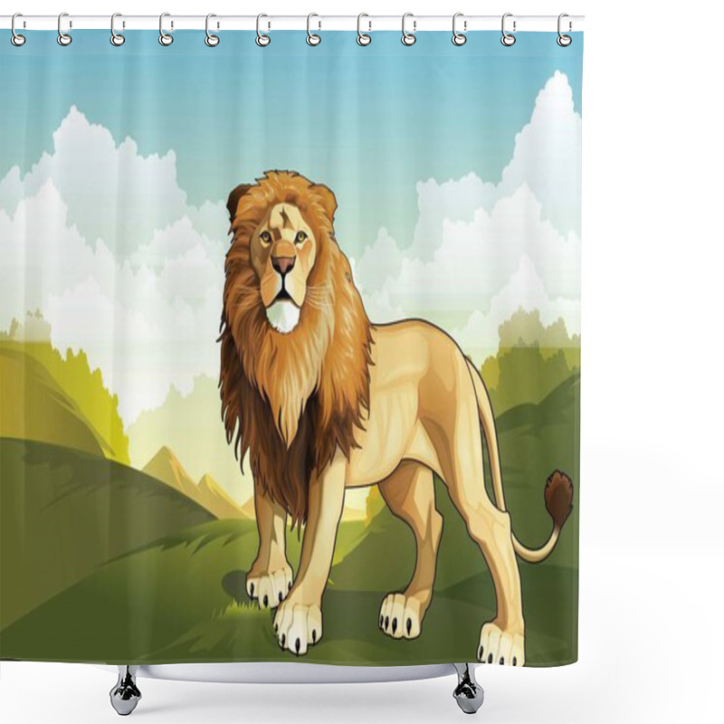 Personality  Wild Lion In The Forest Stock Vector Art And Beautiful Sky Shower Curtains