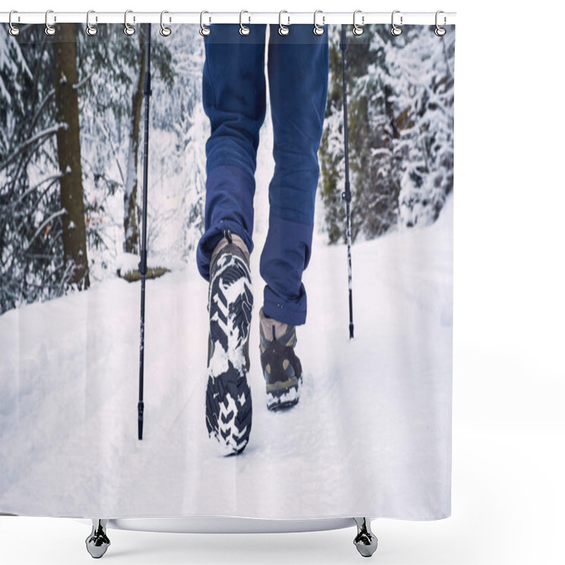 Personality  Winter Trek High In The Mountains With A Backpack. Shower Curtains