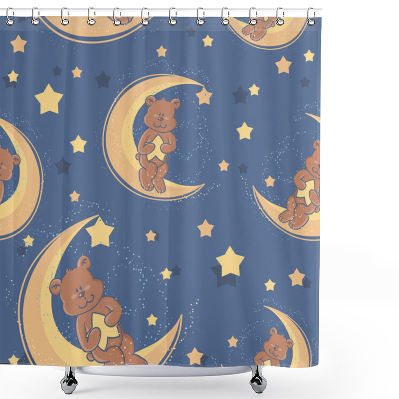 Personality  Teddy Bear Sitting On A Moon Seamless Textile Pattern Shower Curtains