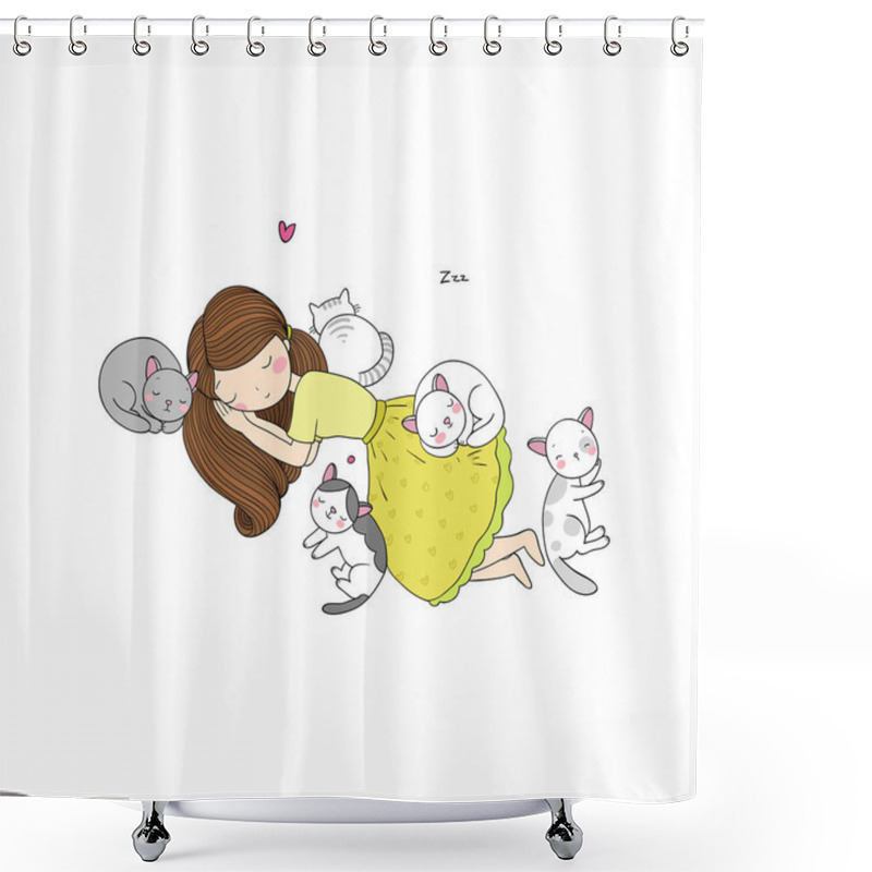 Personality  A Cartoon Girl And Cute Cats Sleeping. Lovely Pets. Shower Curtains