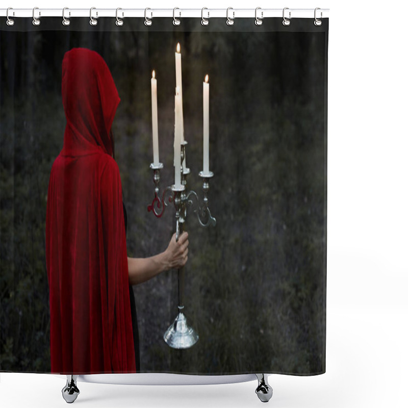 Personality  Mystic Girl In Red Cloak Holding Candelabrum With Flaming Candles In Dark Woods Shower Curtains