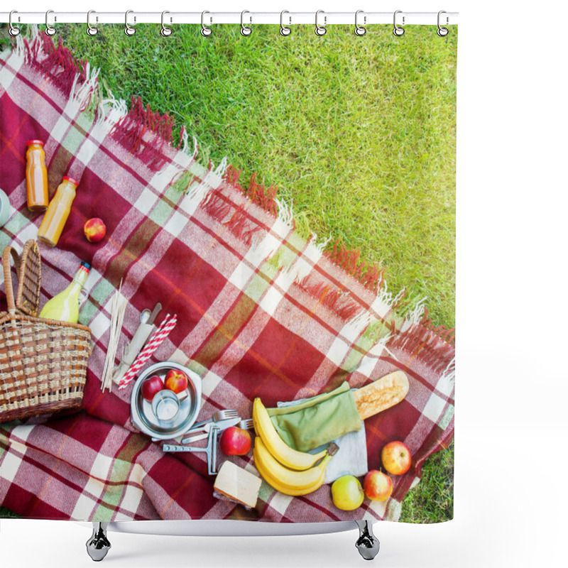 Personality  Basket Setting Food Fruit Checkered Plaid Picnic Grass Shower Curtains