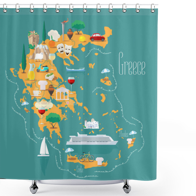 Personality  Map Of Greece With Islands  Vector Illustration, Design. Icons With Greek Landmarks, Acropolis And Food. Explore Greece Concept Image Shower Curtains