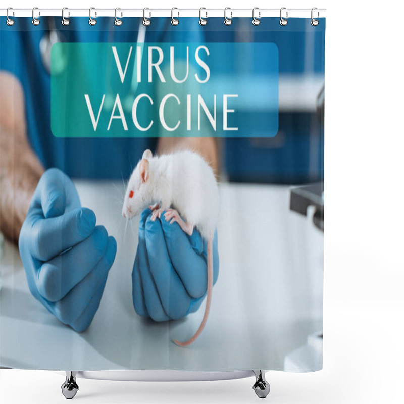 Personality  Cropped View Of Veterinarian In Latex Gloves Examining White Mouse In Clinic, Virus Vaccine Illustration Shower Curtains