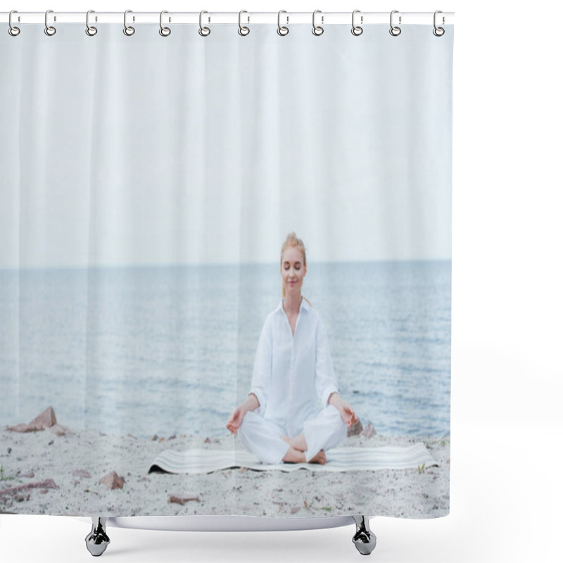 Personality  Happy Blonde Young Woman With Closed Eyes Sitting On Yoga Mat  Shower Curtains