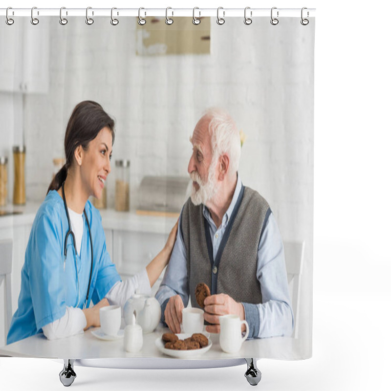 Personality  Nurse Putting Hands On Grey Haired Man, Sitting On Kitchen Shower Curtains