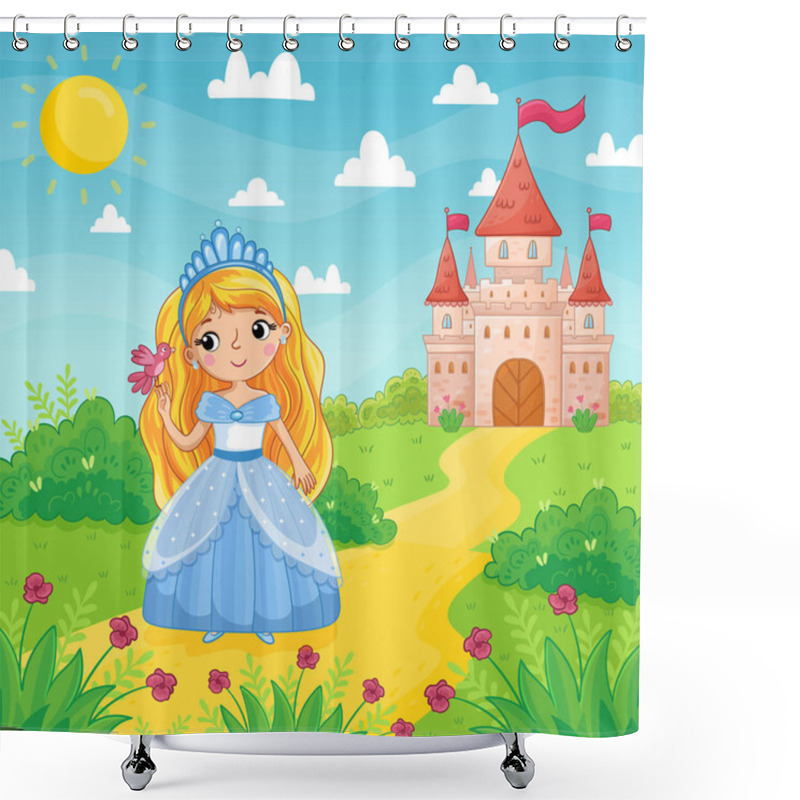 Personality  Cute Little Girl And Princess In A Blue Beautiful Dress Holding A Bird On The Background Of A Castle In A Green Meadow. Vector Illustration In A Cartoon Style Shower Curtains