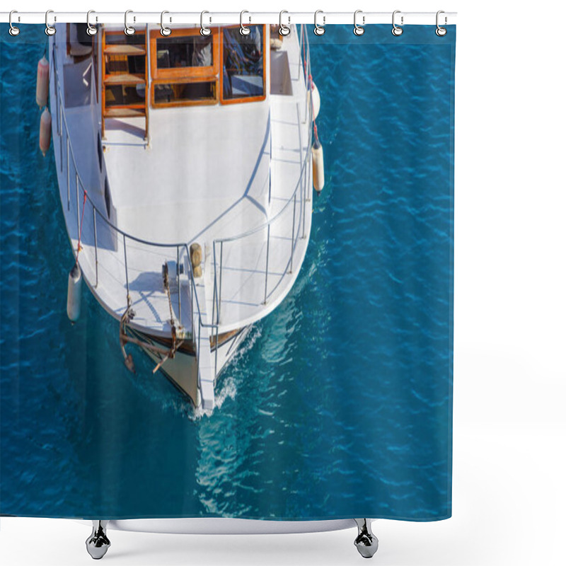 Personality  Aerial Drone Top Down Photo Of Luxury Yacht Nose With Wooden Deck Anchored In Paradise Exotic Turquoise Bay Shower Curtains