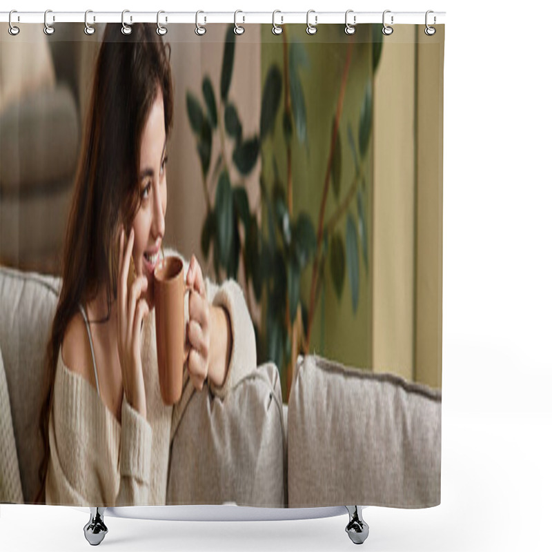 Personality  A Woman Clutches A Steaming Cup Of Tea, Lost In Thought Within A Serene Living Room. Shower Curtains