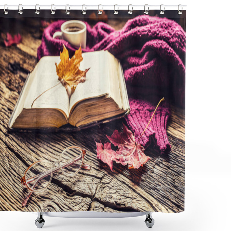 Personality  Cup Of Coffee Old  Book  Glasses And Autumn Leaves On Rustic Wooden Table. Shower Curtains