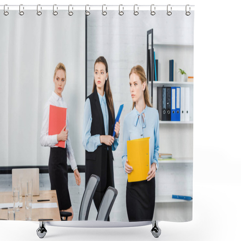 Personality  Successful Young Businesswomen With Folders Of Documents At Modern Office Shower Curtains