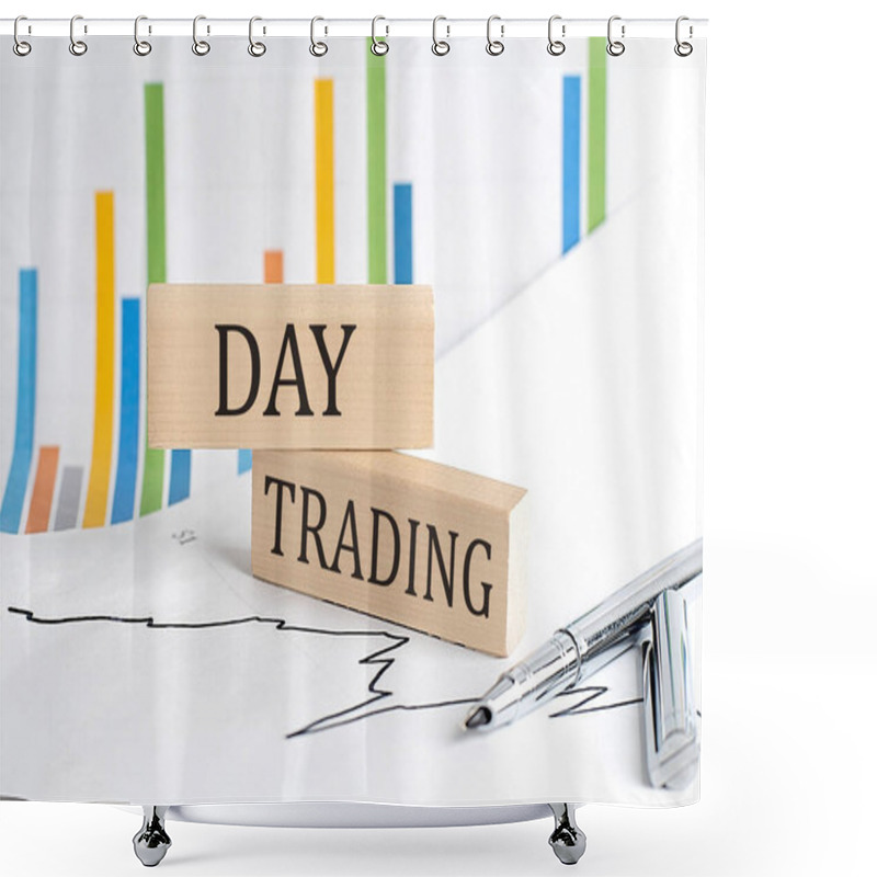 Personality  DAY TRADING Text On Wooden Block On Chart Background , Business Concept Shower Curtains