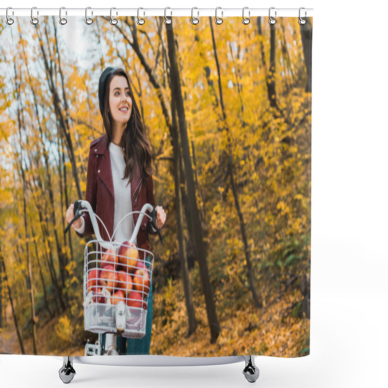 Personality  Happy Fashionable Girl In Leather Jacket Carrying Bicycle With Basket Full Of Red Apples In Autumnal Park Shower Curtains