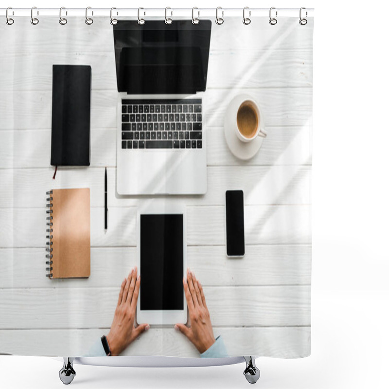 Personality  Top View Of Woman Holding Digital Tablet Near Gadgets And Cup With Coffee  Shower Curtains