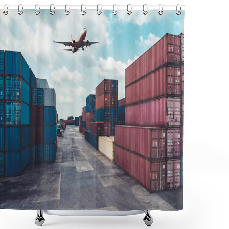 Personality  Cargo Container For Overseas Shipping In Shipyard With Airplane In The Sky . Shower Curtains