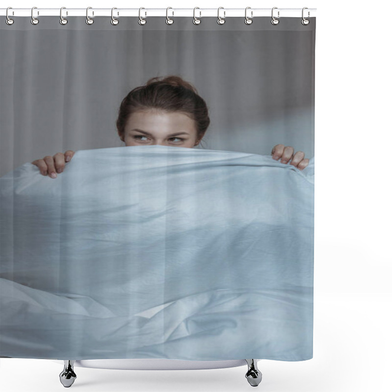 Personality  Woman Covering Face With Bedcover Shower Curtains