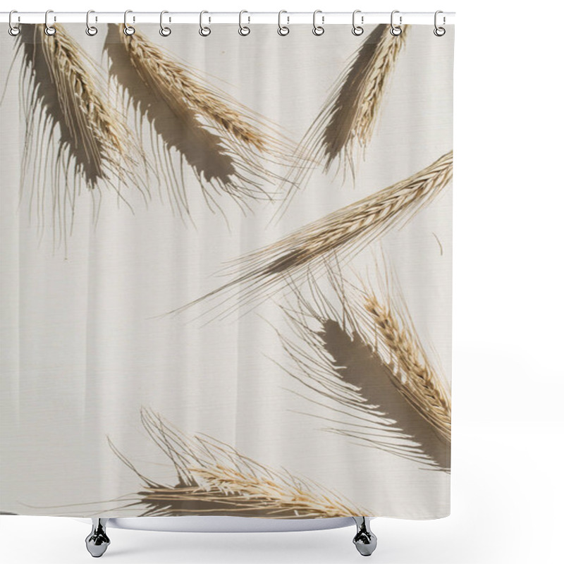 Personality  Rye / Wheat Spikes On White Background. Flat Lay, Top View Minimal Organic Healthy Vegetarian Food And Nature Concept. Shower Curtains